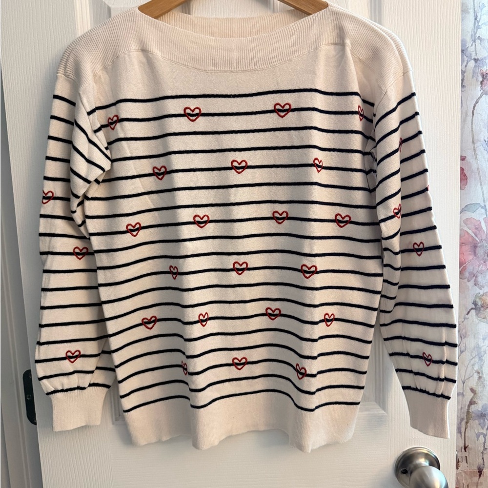 LOFT Cream and Navy Heart Stripe Sweater - Picture 3 of 5